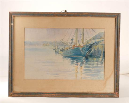 Appraisal: L Wood th C A Sailboat at Dock watercolor on