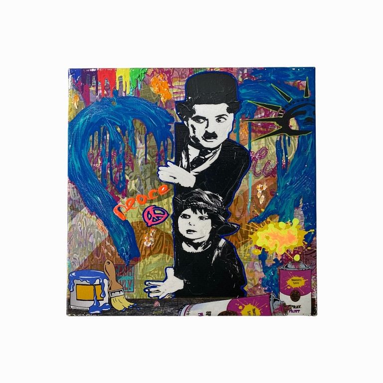 Appraisal: Jozza Mixed Media Charlie Chaplin Painting Jozza Mixed Media Charlie