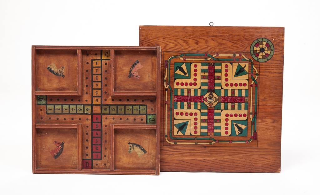 Appraisal: TWO AMERICAN GAMEBOARDS Late th century Hand painted horse race