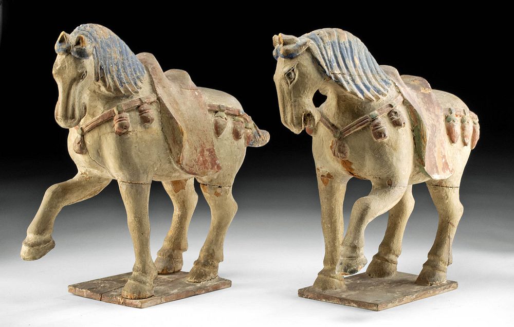 Appraisal: Pair of th C Chinese Painted Wood Horses East Asia