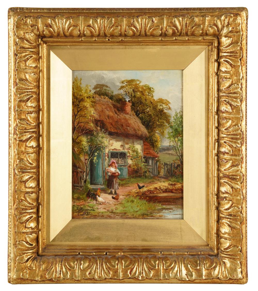 Appraisal: ROBERT JOHN HAMMOND FL - COTTAGE WITH GIRL CHICKENS oil