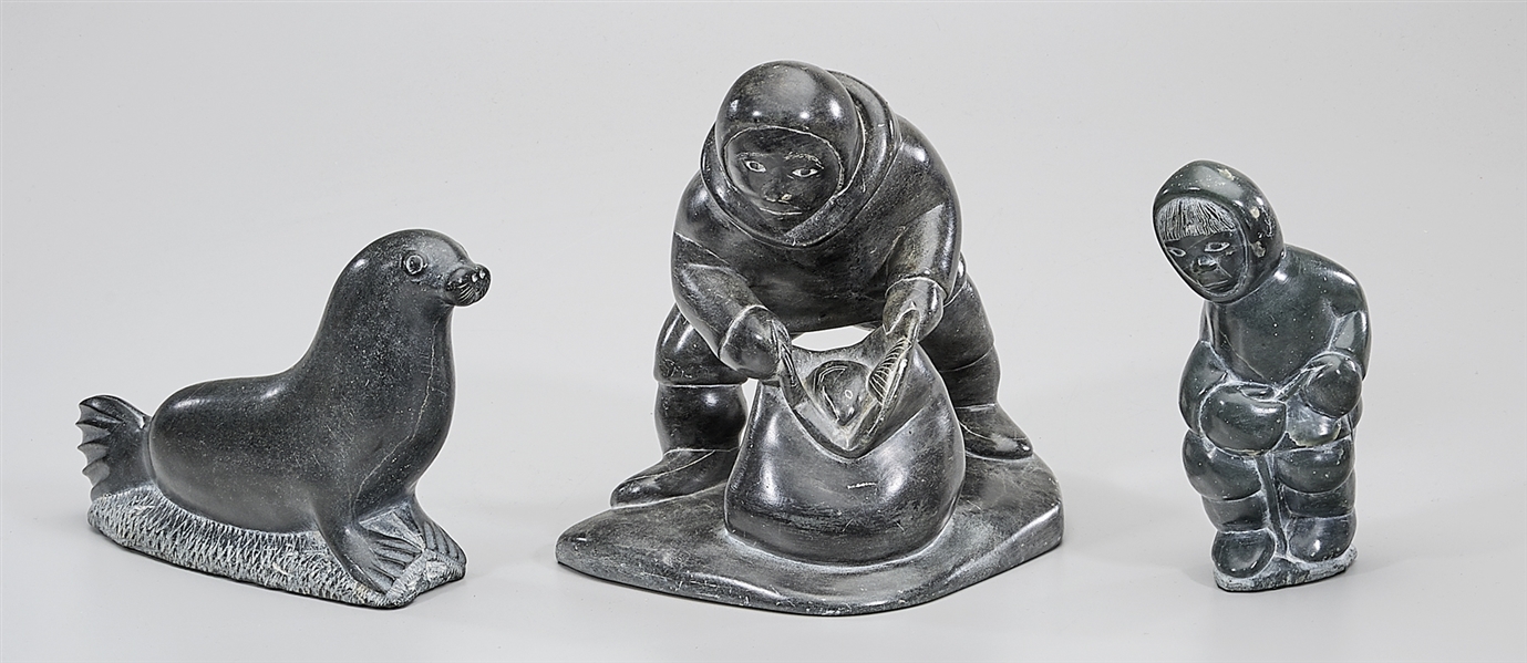 Appraisal: Three Inuit stone carvings including a fisherman by David Kerkok