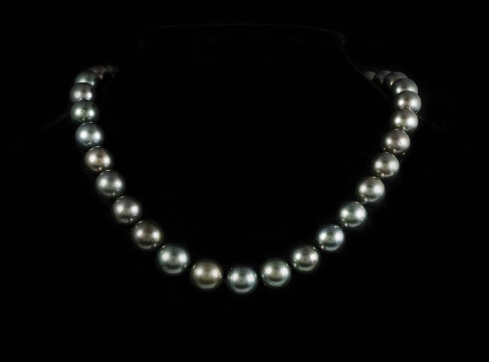 Appraisal: Tahitian Pearl Necklace comprised of graduated very dark gray cultured