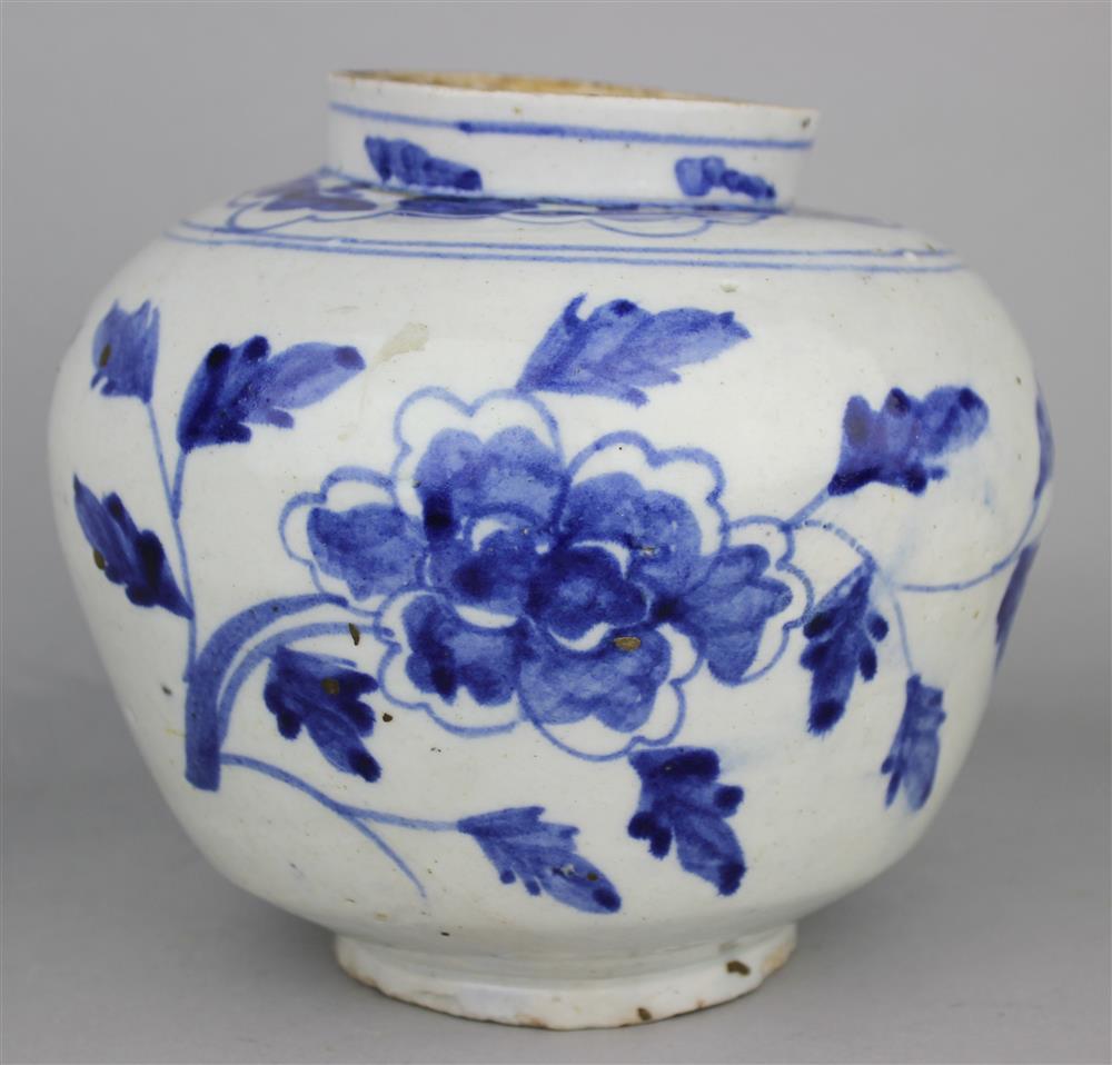 Appraisal: KOREAN BLUE AND WHITE GLOBULAR JAR the flaring foot beneath