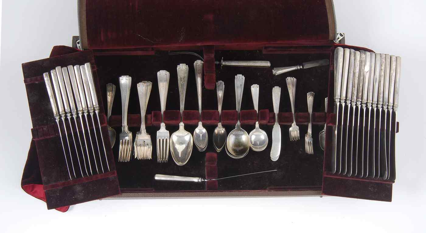 Appraisal: GORHAM CASED STERLING SILVER PARTIAL FLATWARE SETIn the Etruscan'' pattern