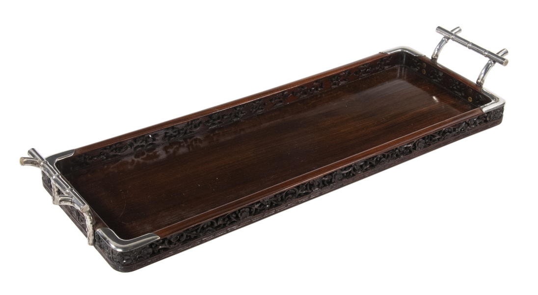 Appraisal: CHINESE SILVER MOUNTED ROSEWOOD TRAY BY TUCK CHANG Rectangular Polished