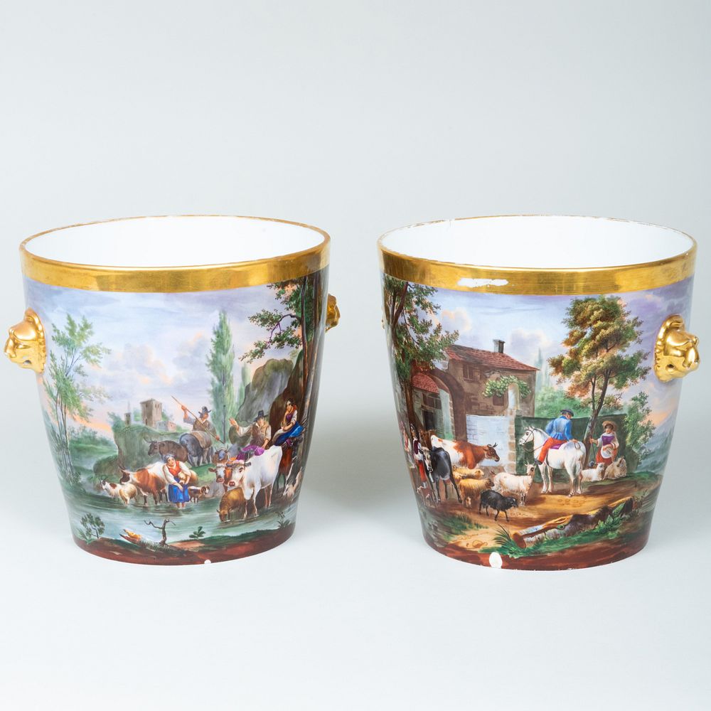 Appraisal: Pair of Paris Porcelain Cache Pot Decorated with Livestock in