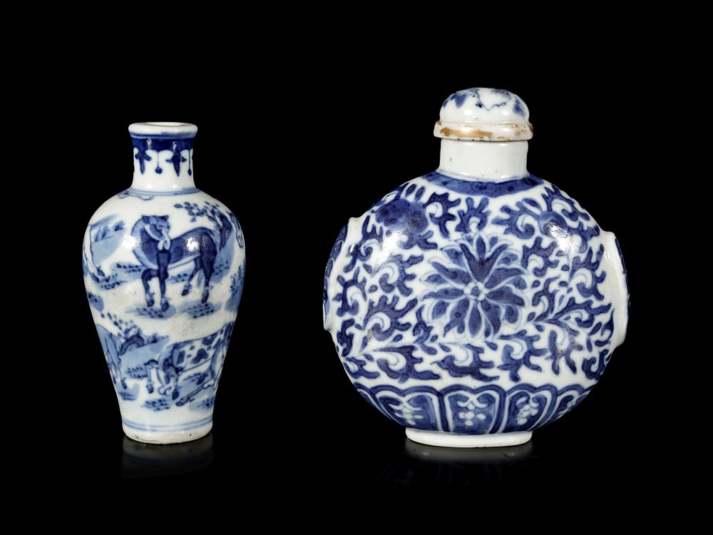 Appraisal: Two Large Blue and White Porcelain Snuff Bottles Height of