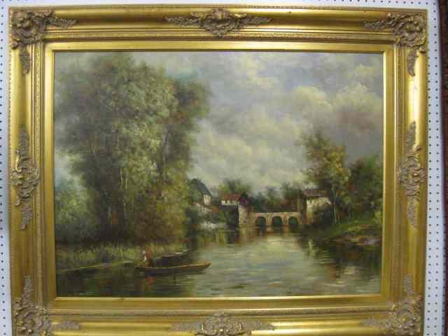 Appraisal: Fine Oil on Canvas of European Waterwaywith man in boat