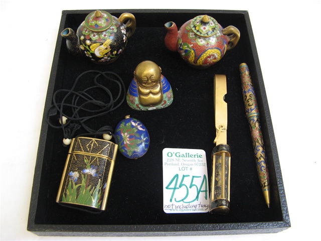 Appraisal: GROUP OF CLOISONNE ENAMEL ITEMS miniature teapots in black and