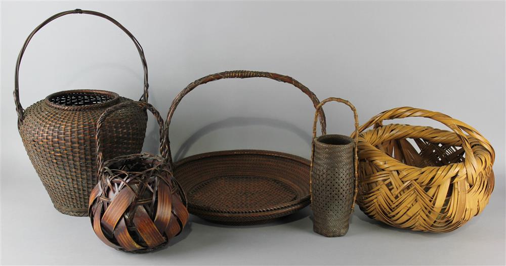 Appraisal: FIVE JAPANESE IKEBANA BASKETS the group including a pale basket