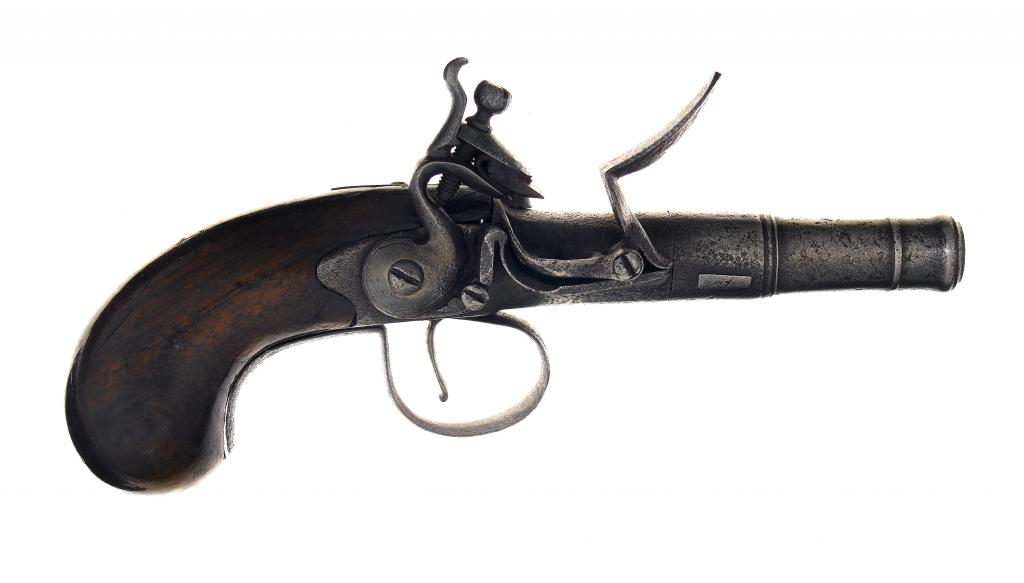 Appraisal: A FLINTLOCK POCKET PISTOL the cm turn-off cannon barrel stamped