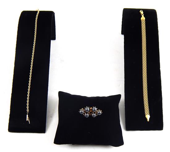 Appraisal: JEWELRY K hematite pin and two K gold bracelets three