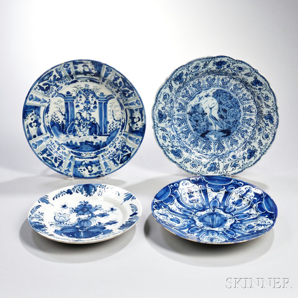 Appraisal: Four Dutch Delftware Blue and White Chargers Holland mid to