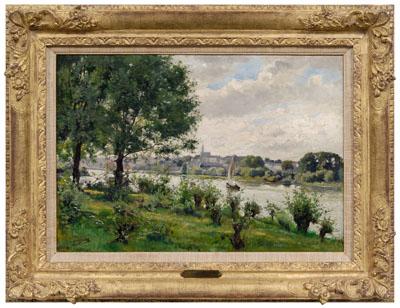 Appraisal: Etienne Dupuis painting landscape with river and village signed lower