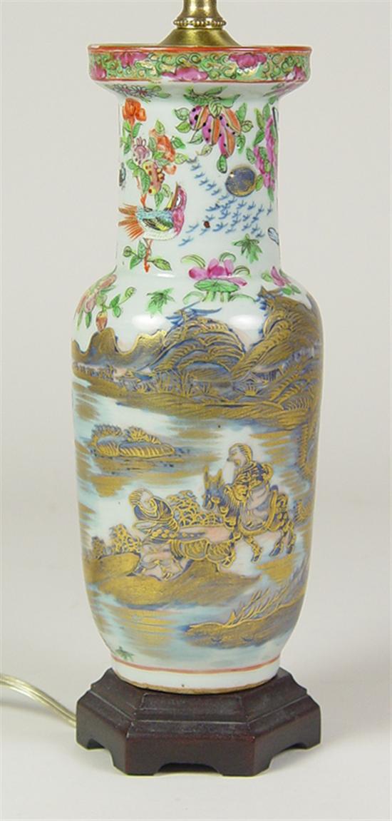 Appraisal: Oriental Lamp Heavily covered with lotus blossom leaves birds butterflies