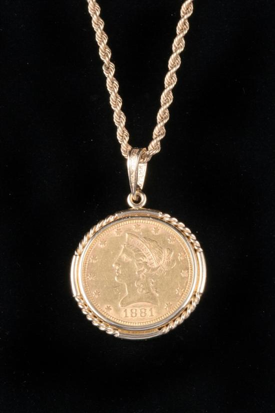 Appraisal: U S LIBERTY HEAD TEN-DOLLAR GOLD COIN PENDANT ON CHAIN