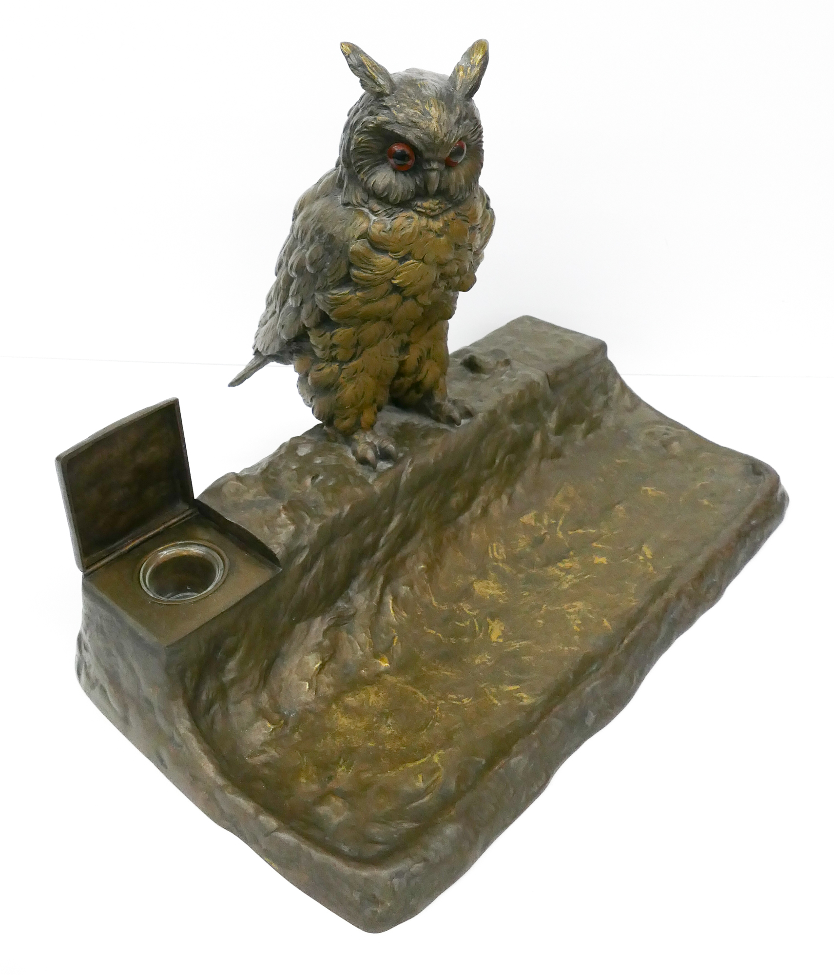 Appraisal: Austrian Owl Gilt Bronze Double Inkwell and Pen Rest Signed