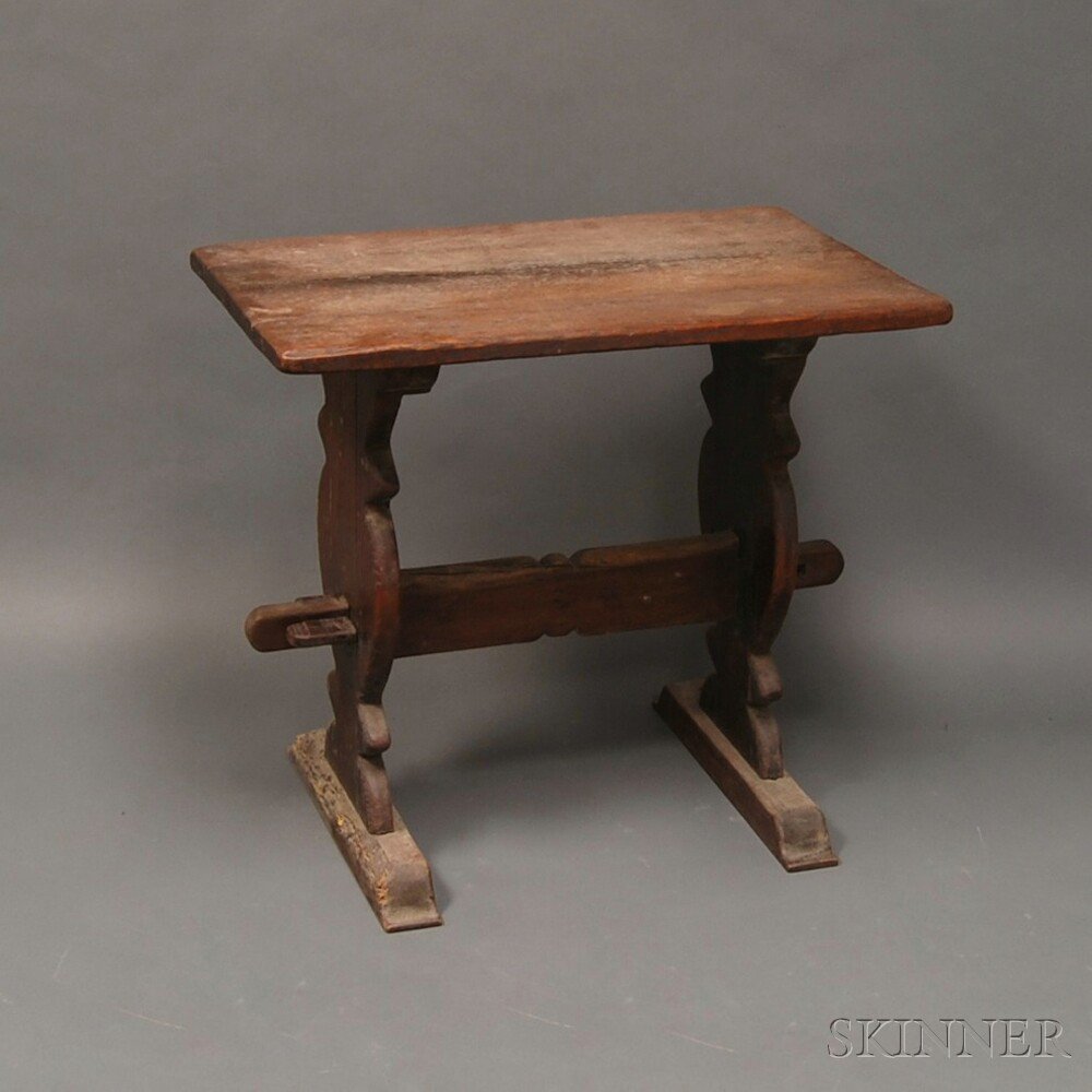 Appraisal: Small Oak Trestle Table with rectangular top on a carved