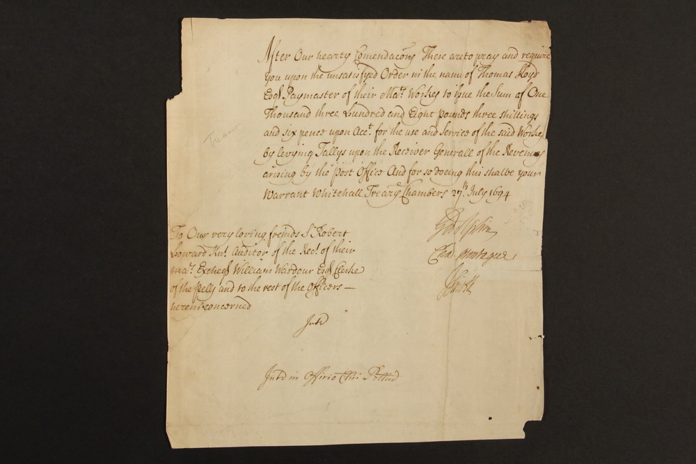 Appraisal: RARE WILLIAM MARY ENGLISH TREASURY DOCUMENT - Godolphin Sidney st