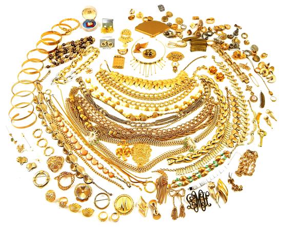 Appraisal: COSTUME JEWELRY Sizable collection of gold-finished necklaces bangle and cuff