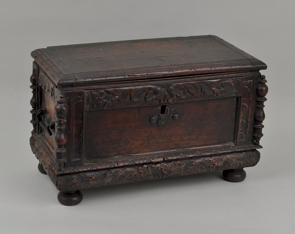 Appraisal: Continental Miniature Carved Walnut Coffer with foliate carving and turned