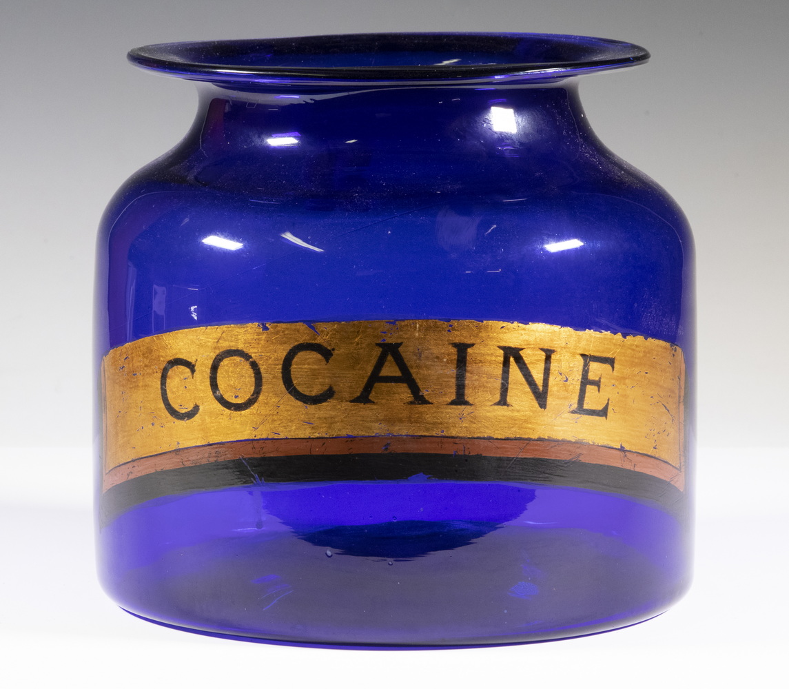 Appraisal: MEDIUM BLUE GLASS APOTHECARY JAR LABELED COCAINE Broad-mouthed Cobalt Jar