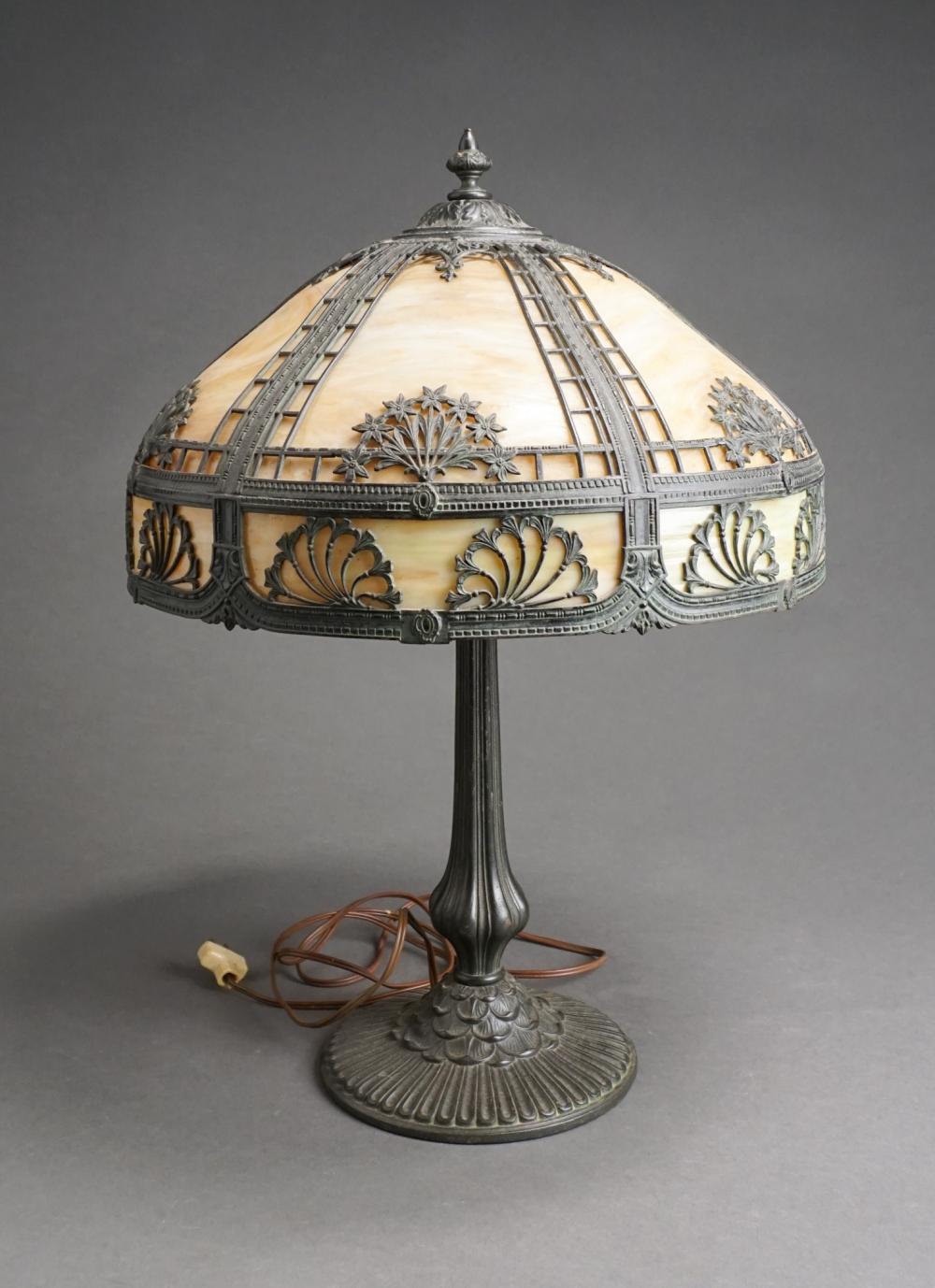 Appraisal: ARTS AND CRAFTS STYLE PATINATED METAL AND SLAG GLASS SHADE