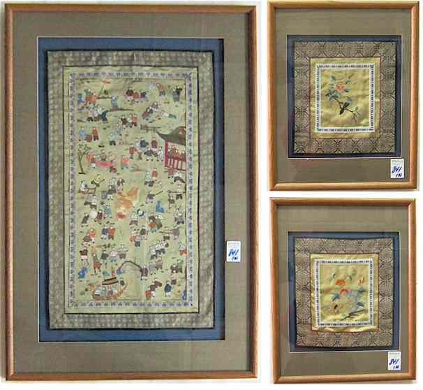 Appraisal: THREE CHINESE SILK EMBROIDERIES the first depicting a large number