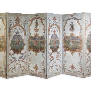 Appraisal: A Northern Italian Painted Canvas Six-Panel Floor Screen with Figures