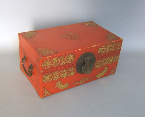 Appraisal: Chinese lacquer box with chess and domino pieces h w