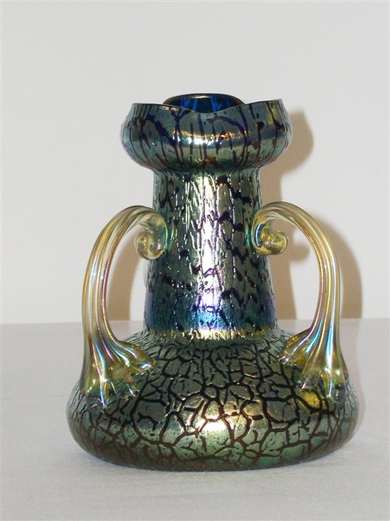 Appraisal: Loetz type three handle glass vase with crackle finish over