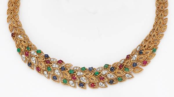 Appraisal: A diamond ruby sapphire emerald and eighteen karat gold necklace