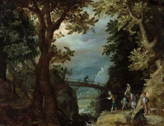 Appraisal: MIROU ANTHONIE - after Antwerp Forest landscape with hunters Oil