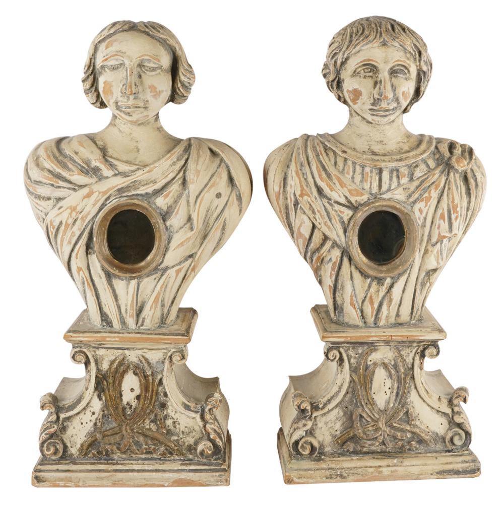 Appraisal: TWO ITALIAN PAINTED WOOD RELIQUARY FIGURESeach inset with glass Condition