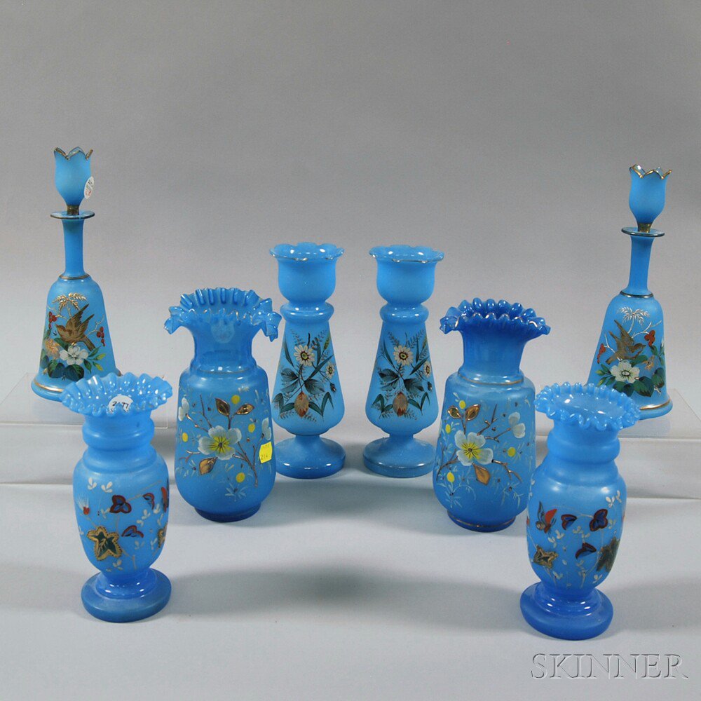 Appraisal: Eight Blue Glass Vessels th th century two pairs and