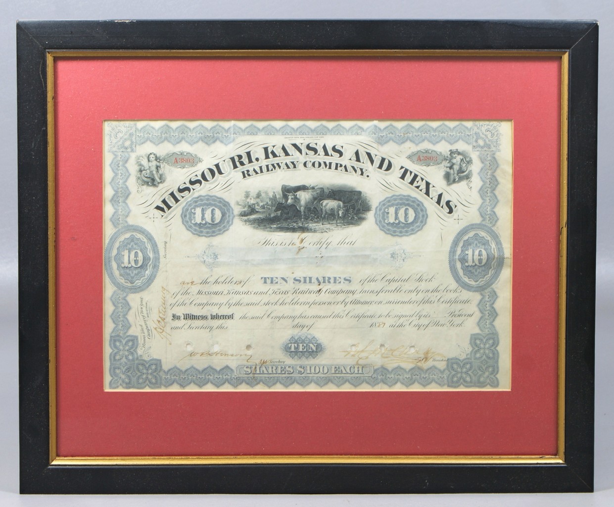 Appraisal: Framed stock certificate in the Missouri Kansas and Texas Railway