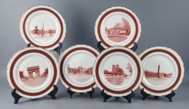 Appraisal: Six Hand-Painted Limoges PlatesWith gilt rim brick red and gilt