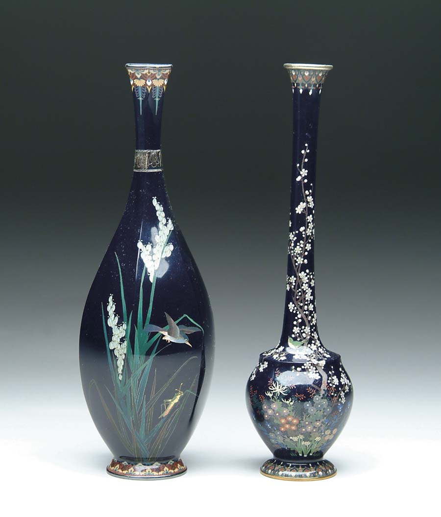 Appraisal: TWO JAPANESE CLOISONN ENAMEL BUD VASES in six panel bulbous