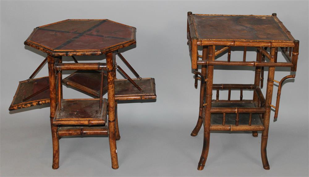 Appraisal: TWO TORTOISE DECORATED BAMBOO GARDEN TABLES one with leather surface