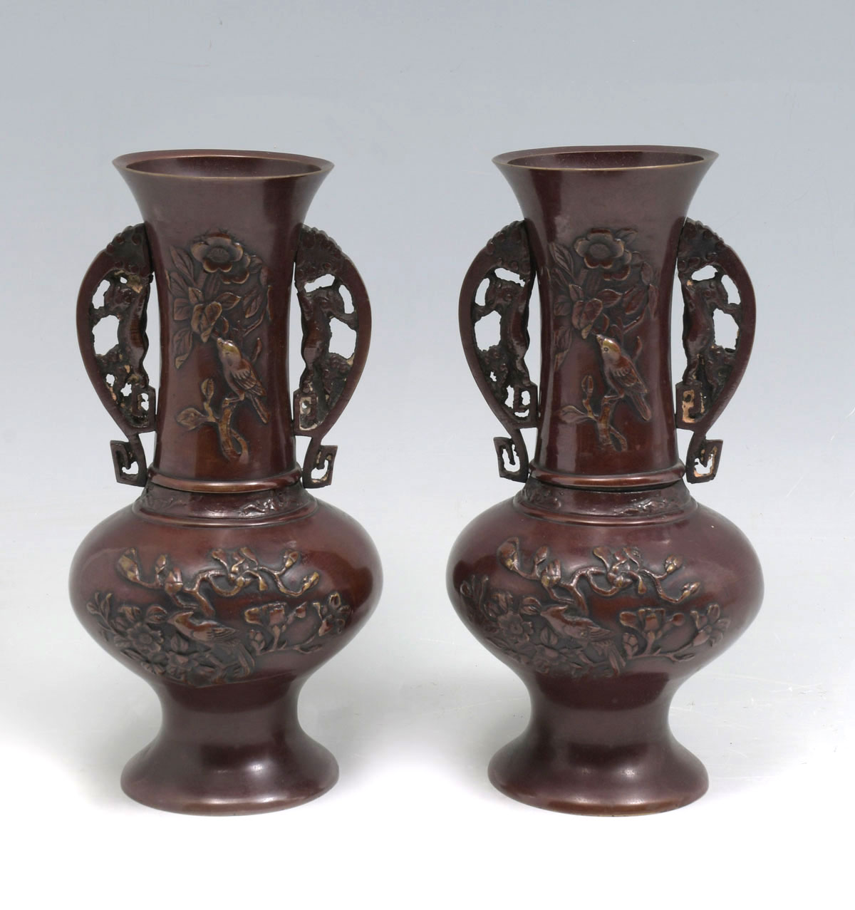 Appraisal: PAIR OF JAPANESE BRONZE URNS - Patinated Japanese bronze urns