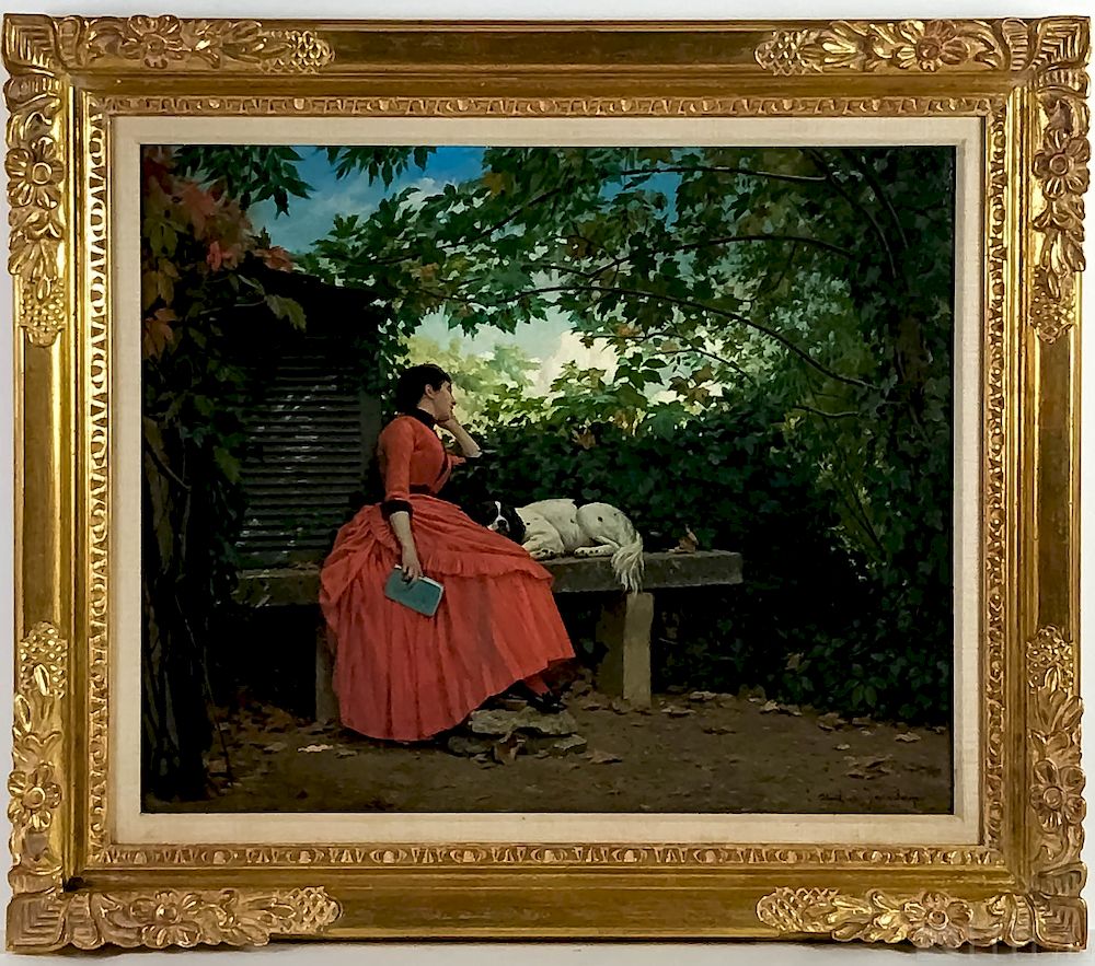 Appraisal: Louis Emile Pinel De Granchamp Girl w Dog Painting Louis