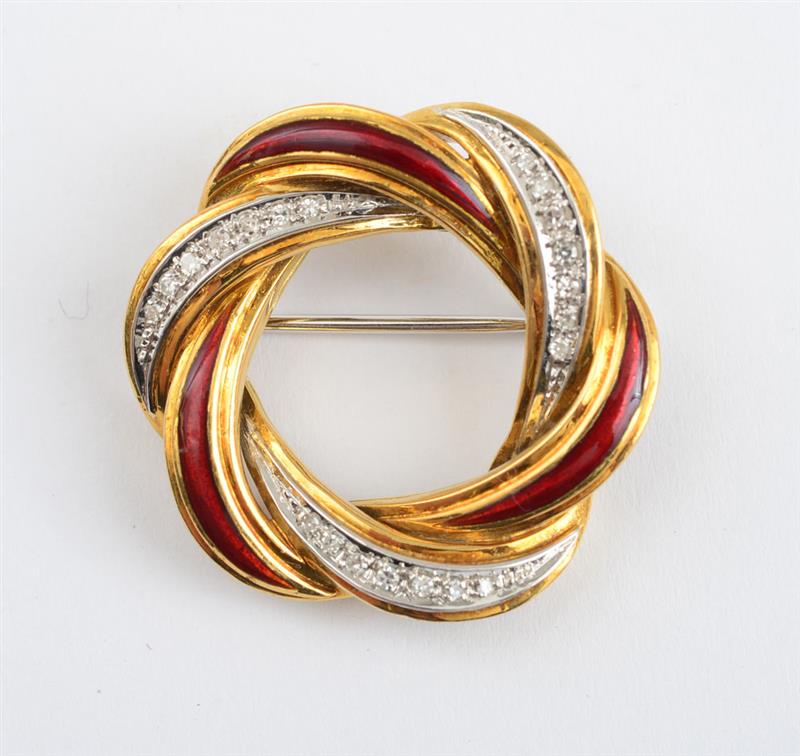 Appraisal: YELLOW AND WHITE GOLD DIAMOND AND ENAMEL CIRCLE PIN k