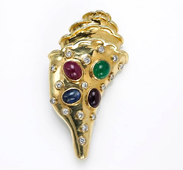 Appraisal: A gem-set and diamond sea shell brooch weighing approximately grams