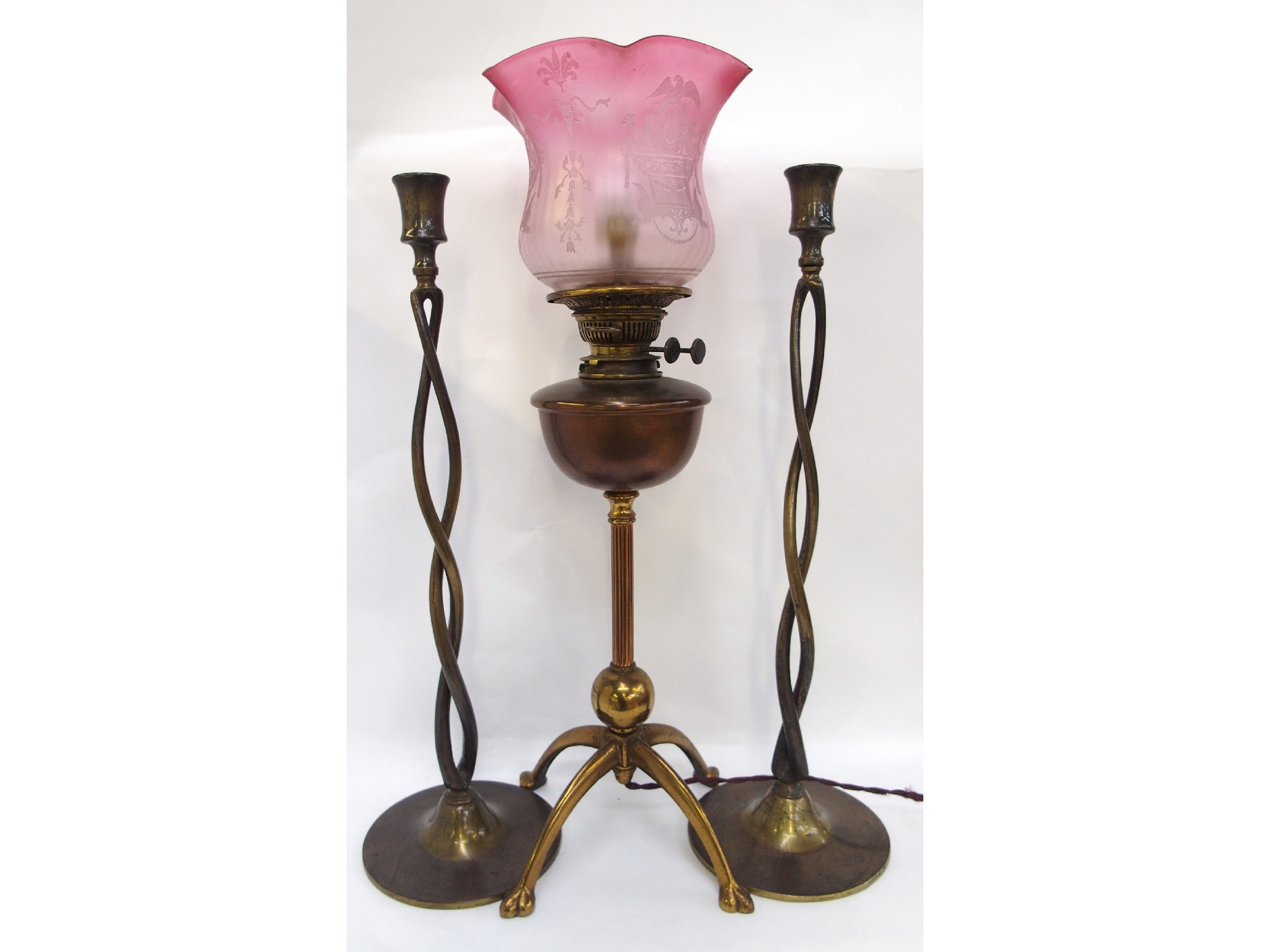 Appraisal: Victorian oil lamp with frosted cranberry glass shade and two