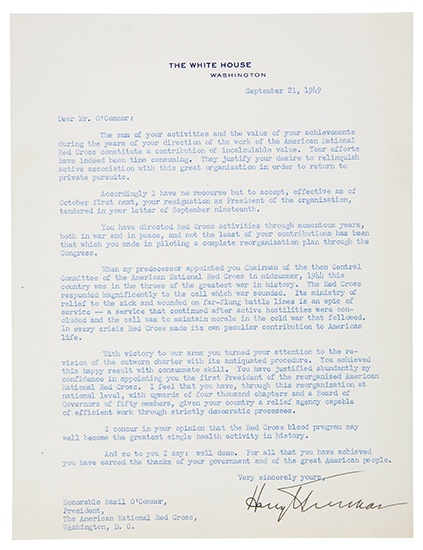 Appraisal: TRUMAN HARRY S Typed Letter Signed as President to Basil