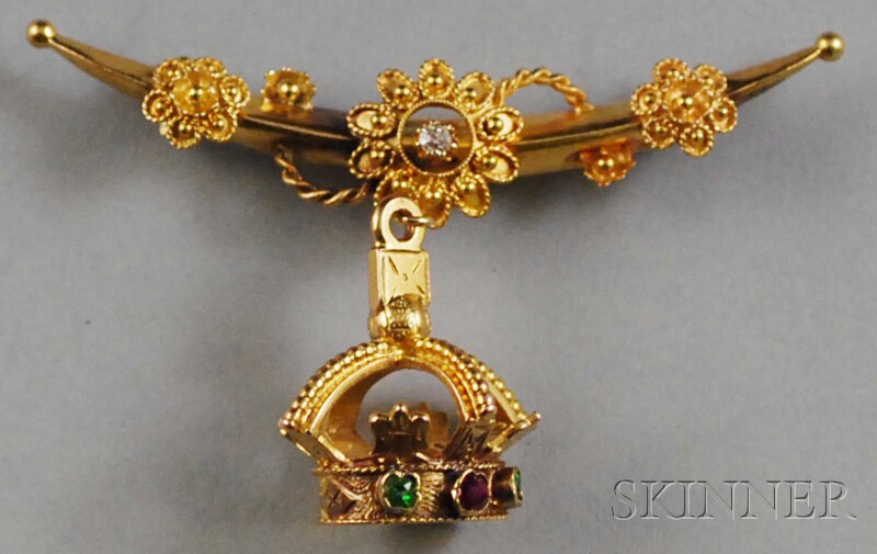 Appraisal: kt Gold Gem-set Brooch comprised of a crescent pin with