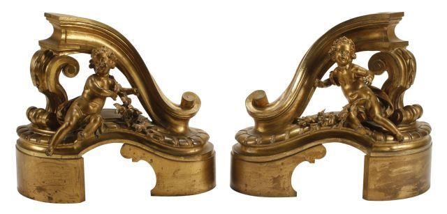 Appraisal: pair Large French Regence style bronze dore chenets th c