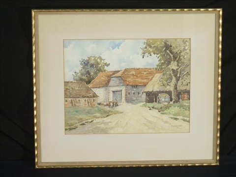 Appraisal: E SNOWDEN FARMSTEAD Watercolor on paper x in sight Framed