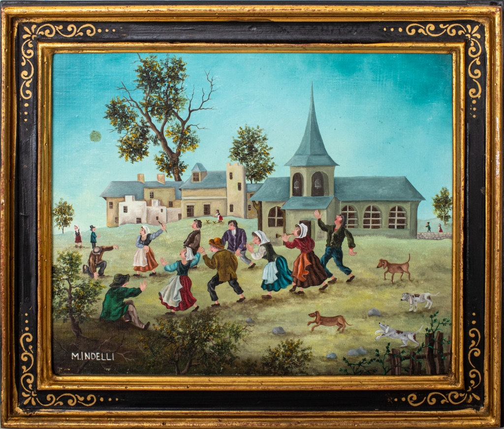 Appraisal: MIMA INDELLI FOLK ART PAINTING OIL ON BOARD Mima Indelli